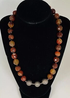 Vintage Artisan Sterling Silver Faceted Carnelian Ball Beaded Necklace 20” - Image 1 of 4