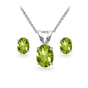 Sterling Silver Peridot Oval-cut Solitaire Necklace and Stud Earrings Set - Picture 1 of 3