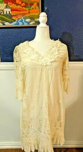 Vintage hübsches Boho-Tunika-Kleid Engel beige bestickt Perlen Spitze Seide Gr. Medium M - Bild 1 von 9