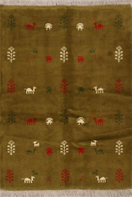 Little Character/ Animal Green Wool Hand-knotted Tribal Gabbeh Shiiraaz Rug 4x5 - Image 1 of 4
