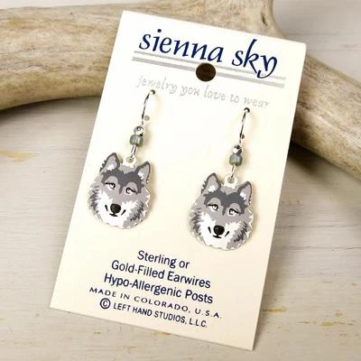 Pendientes Sienna Sky Gancho Plata Esterlina Pintado a Mano Gris Lobo Hecho a Mano en EE. UU. Foto 1 de 3