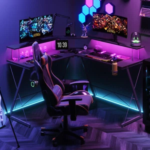 Gaming Desk L Shaped Desk,Corner Desk Metal Frame Desk with LED Lights & Outlets - Picture 1 of 8
