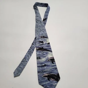 Je Suis Men's Silk Tie Blue Dolphin Design 56" USA VTG - Picture 1 of 6