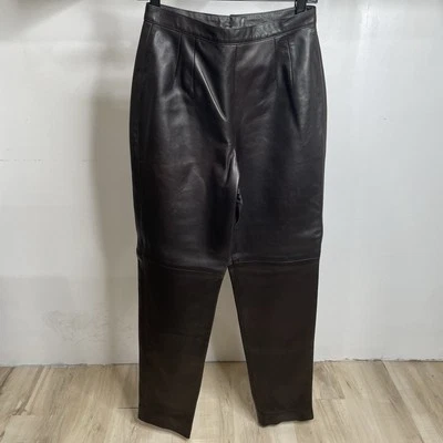 VTG ANNE KLEIN II Womens Leather Black Pants Sz 8 Hook & Eye 25 Waist 31 Inseam - Image 1 of 4
