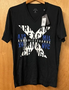 Armani Exchange Men's Medium Black Spell Out V-Neck T-Shirt - Picture 1 of 4