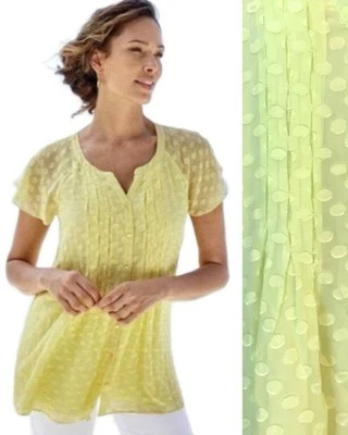 Soft Surroundings Amarillo Polkadot Plisado Botón Frontal Sedoso Transparente Top Costero S Foto 1 de 4