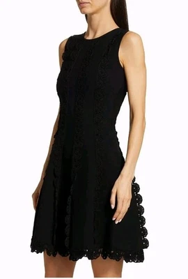 Oscar de la Renta Fit & Flare Black Dress Knitted Scallop Trim Sleveles Sz L NWT - Image 1 of 4
