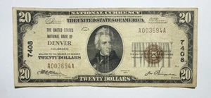 1929 $20 The United States NB Of Denver, Colorado National Currency S/N 3694 - Picture 1 of 2