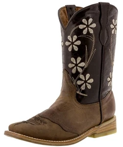 Girl's Dark Brown Flower Embroidery Western Leather Cowgirl Boots Square Toe - Picture 1 of 6