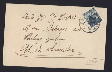 COVER * 1936 Ceskoslovensko to Whiting Indiana * blue stamp 2.5 KC strecno Cover
