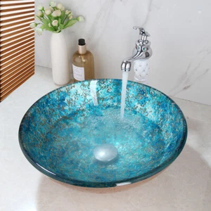 Grifo de grifo cromado redondo azul lavabo lavabo lavabo de baño vidrio templado - Imagen 1 de 9