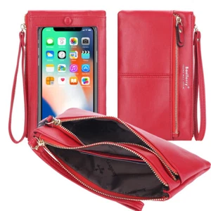 Women Leather Long Wallet Wristlet Handbag with Touch Screen Clear Phone Window - Picture 1 of 60