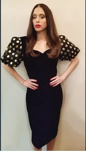 Vintage Black Velvet 80s Maggie Btq Dress With Pouffed Polka dot Sleeves - Picture 1 of 11