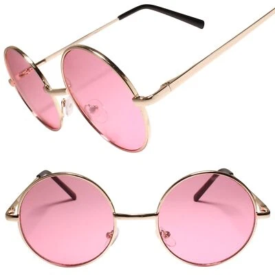 粉红色镜片经典复古 80 年代男式女式嬉皮列侬黑色圆形太阳镜 — 第 1/4 张图片