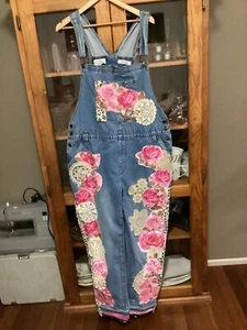 DENIM ROSE EMBELLISHED MAGNOLIA ROSE boho, hippy overalls fits AU 20 US 16 - Picture 1 of 8