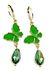 GREEN Enamel & Glass BUTTERFLY Dangle Earrings w Stainless Leverback Hooks - Picture 1 of 3