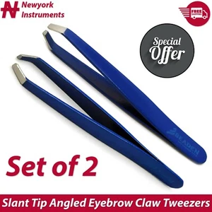 Makeup Beauty Eyebrow Claw Slanted Pointed Tip Tweezers Blue Hair Removal 2 Pcs - Picture 1 of 7