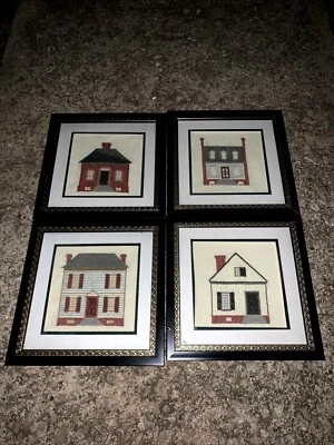 Vintage Primitive SALTBOX HOUSES Framed Art Set of 4 Farmhouse Collage ❤️sj10m3 - Image 1 of 4