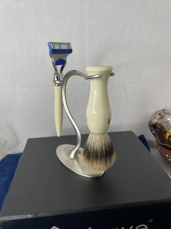 eShave 3 Blade Razor, Stand & Badger Brush Ivory Color Limited Edition  Open Box - Image 1 of 4
