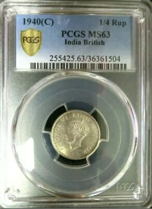 1940C BRITISH INDIA 1/4 Rupee PCGS MS63 KING GEORGE VI Silver BU Scarce [KM#545] - Picture 1 of 5