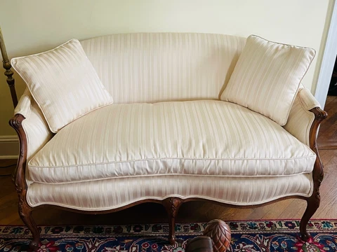 Antique French Carved Wood Loveseat Early 1900s Ivory Upholstery Cover
