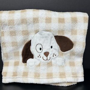 Lambs & Ivy Bedtime Originals White Tan Checks Baby Blanket Puppy Dog Face Lovey