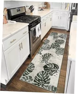 2x6 Bathroom Rug Runner,Washable Leaf Runner Rugs 2' x 6' Dark Jungle Green - Picture 1 of 8