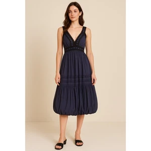BCBGMAXAZRIA Marineblau Seide Spitze Band Midikleid Größe 2 Blasensaum Romantisch Y2K - Bild 1 von 16