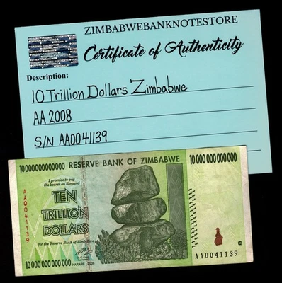 10 万亿津巴布韦元钞票 AA 2008 正品低序列 # AA0041139 — 第 1/3 张图片