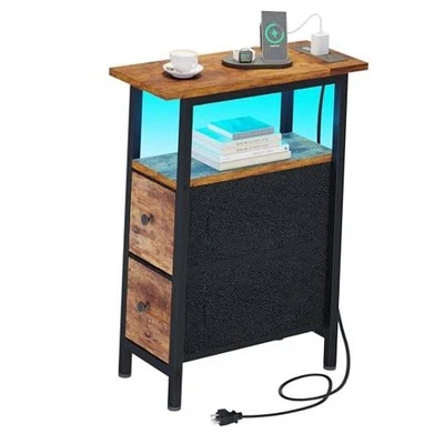 Mesa auxiliar con estación de carga, mesa auxiliar estrecha 2 cajones 1 marrón rústico Foto 1 de 4