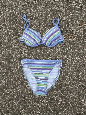 90 年代复古 Baltex 比基尼套装 10 码条纹钢圈游泳高腰蓝色 — 第 1/4 张图片