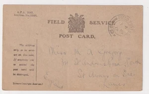 Tarjeta de servicio de campo de soldados Bibby Warrington Private S de la Primera Guerra Mundial 1916 frente occidental - Imagen 1 de 3
