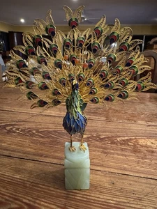 Pfau Cloisonné Emaille 9,5" Skulptur mit filigranen Drahtfedern & Jadesockel - Bild 1 von 24