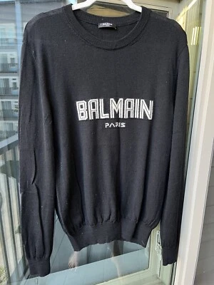 Balmain Men’s Merino Wool Sweater with Monogram Intarsia, Black,  Size M - Image 1 of 4