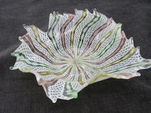 Murano Latticinio Abstract Bowl Gold Copper Green Yellow Pink ribbons 9"x3" - Picture 1 of 17