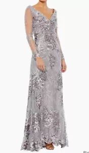 Abito manica lunga MAC DUGGAL 67539 platino impreziosito scollo a V illusione taglia 2 - Foto 1 di 12