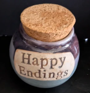 Round Glazed Ceramic Jar with Cork Stopper Happy Endings - Picture 1 of 4