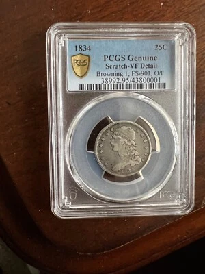 1834 capped bust quarter PCGS (extremely rare!)-VF detail, browning 1, FS-901 OF - Image 1 of 4