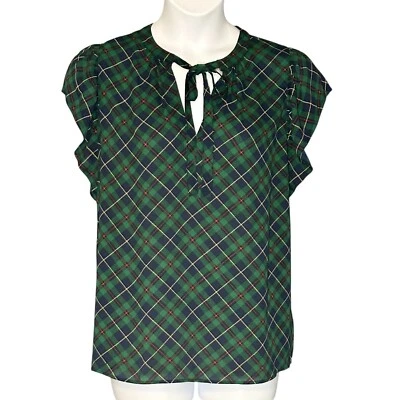 NEW Tommy Hilfiger Ruffle Short Sleeve Blouse Medium Tie V-Neck Blue Green Plaid - Image 1 of 4