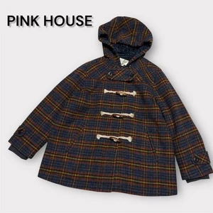 PINK HOUSE Wool Check Duffle Coat Fur Hood Women’s Free Size Used - Picture 1 of 12
