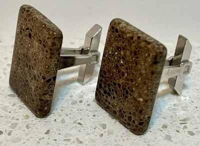 Gemelos de ágata coral fósil vintage espalda bala tono plata Foto 1 de 4