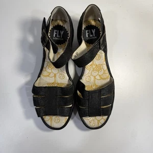 Fly London Women’s Black Leather Quarter 3 Strap Wedges Rese Rese Wedges 37 - Picture 1 of 12