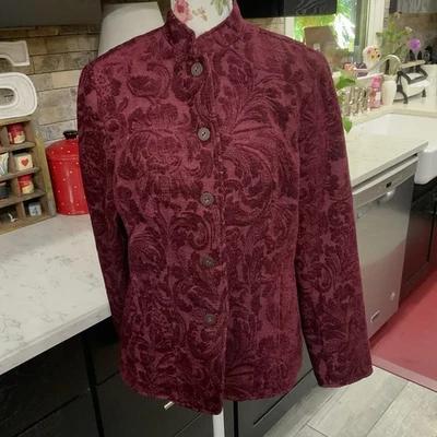 Coldwater Creek Jacket Sz Medium Burgundy Tapestry Button Lined Mandarin Collar - Image 1 of 4