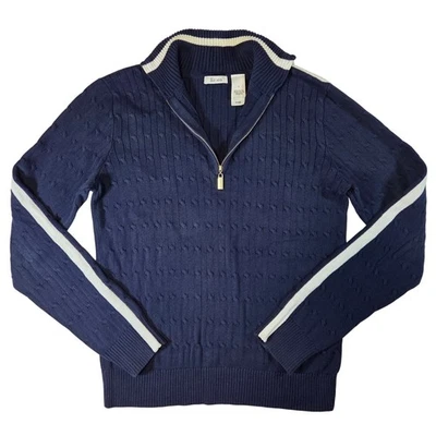 Liz & Co Navy Cable Knit 1/4 Zip Mock Neck Preppy Classic Sweater Old Money M - Image 1 of 4