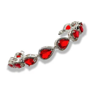 White gold finish Red Ruby and created diamonds pear cut bracelet Gift Box - Picture 1 of 11