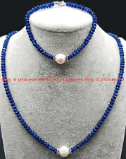 Natural 2x4mm Faceted Blue Sapphire Gems & 9-10mm White Pearl Necklace Bracelet