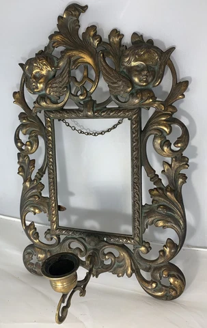 Antique Circa 1800 Cast Iron Frame Mirror Frame Candle Holder Cherubs Cover