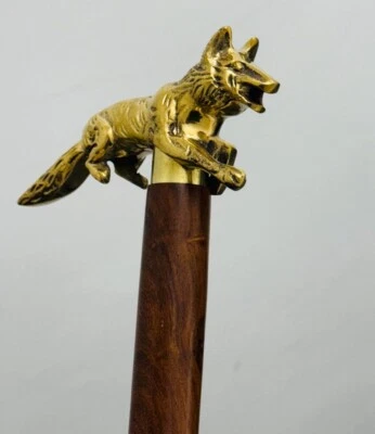 Vintage Antique Brass Handle Sticks Fox Collectible Wooden Walking Stick Cane - Image 1 of 4
