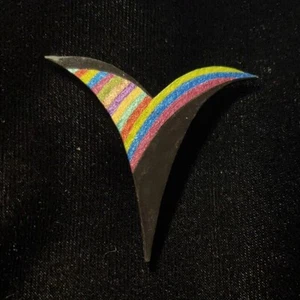Curvy V-Shaped Jewelry Art Brooch Black With Multi Color Metallic Accent Stripes - Picture 1 of 1