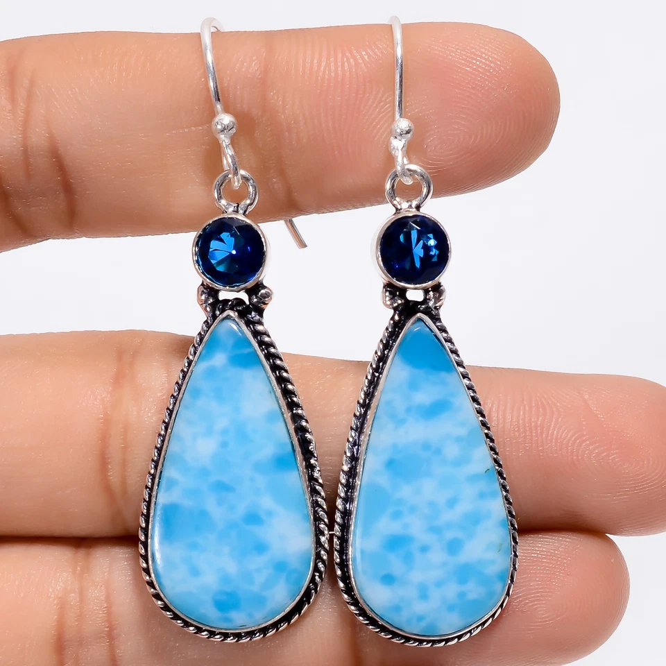 Pendientes de plata 925 con piedras preciosas de topacio azul Larimar joyería de moda 2,2" ARE-2983 Foto 1 de 1